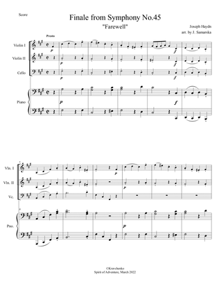 Joseph Haydn - Symphony No. 45 "Farewell" Finale arr. for piano quartet (score and parts)