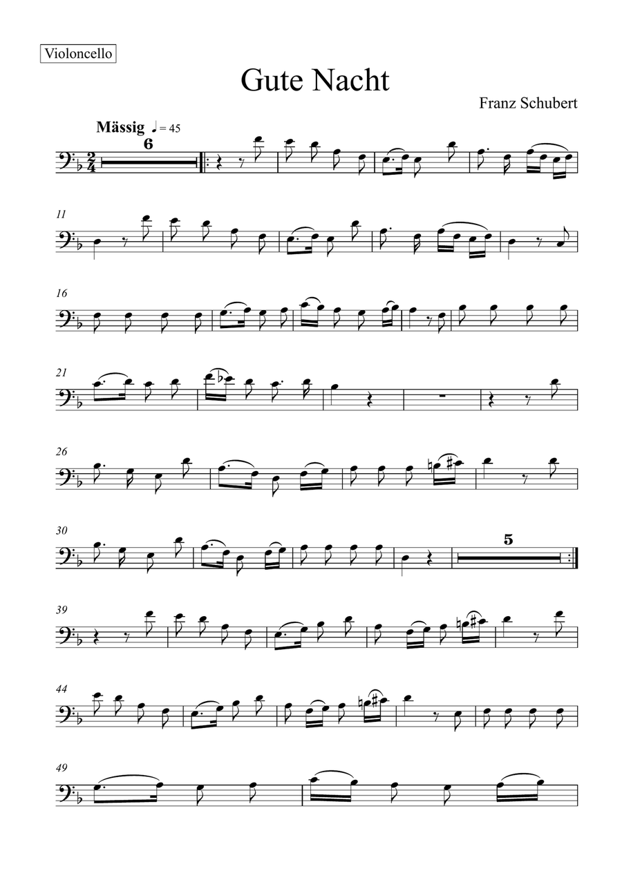 Franz Schubert - Gute Nacht (Violoncello Solo) Piano scores gallery preview page 5