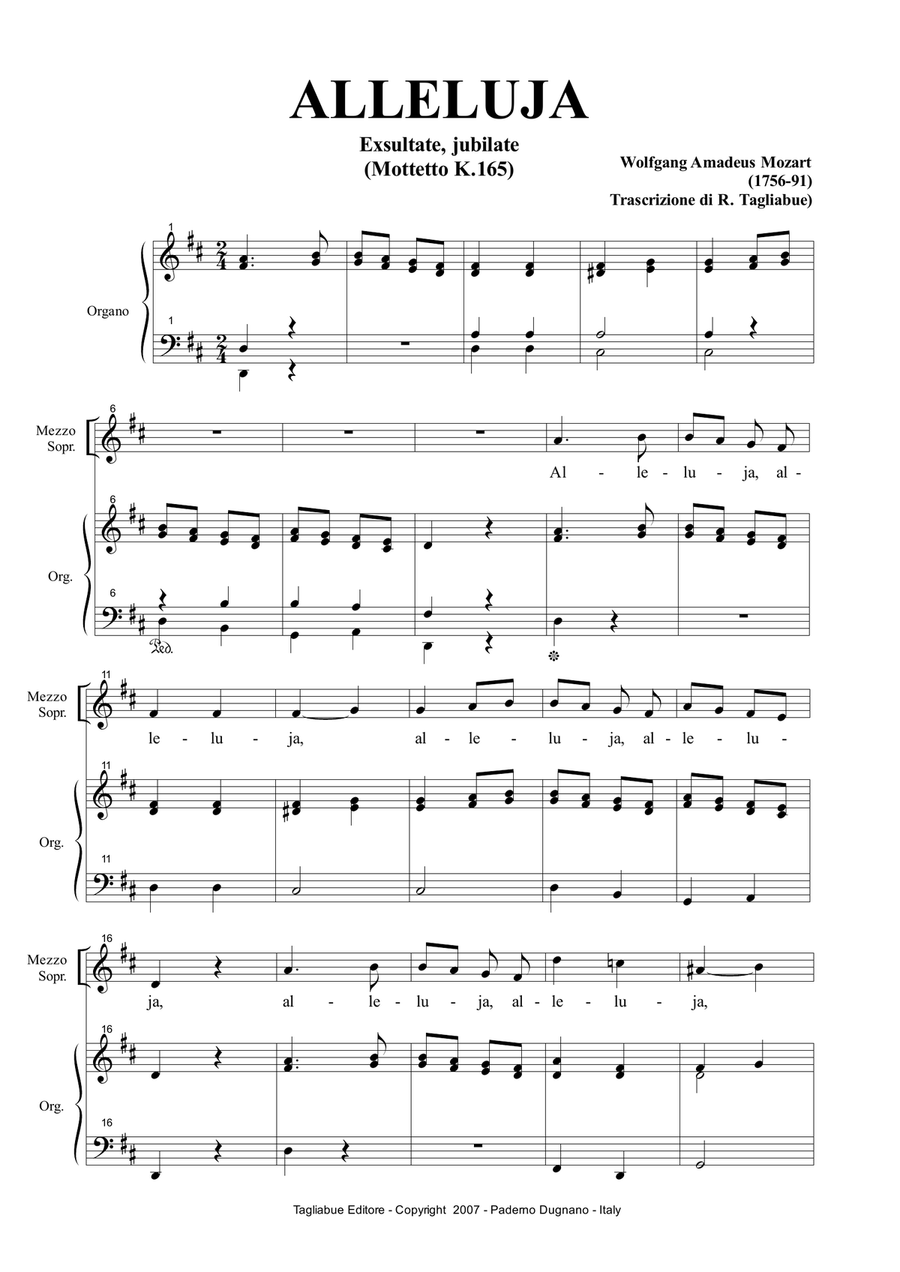 ALLELUJA (Exsultate, jubilate K.165) W.A.Mozart - Arr. for MezzoSoprano and. Organ (in D) Medium Voice scores gallery preview page 1