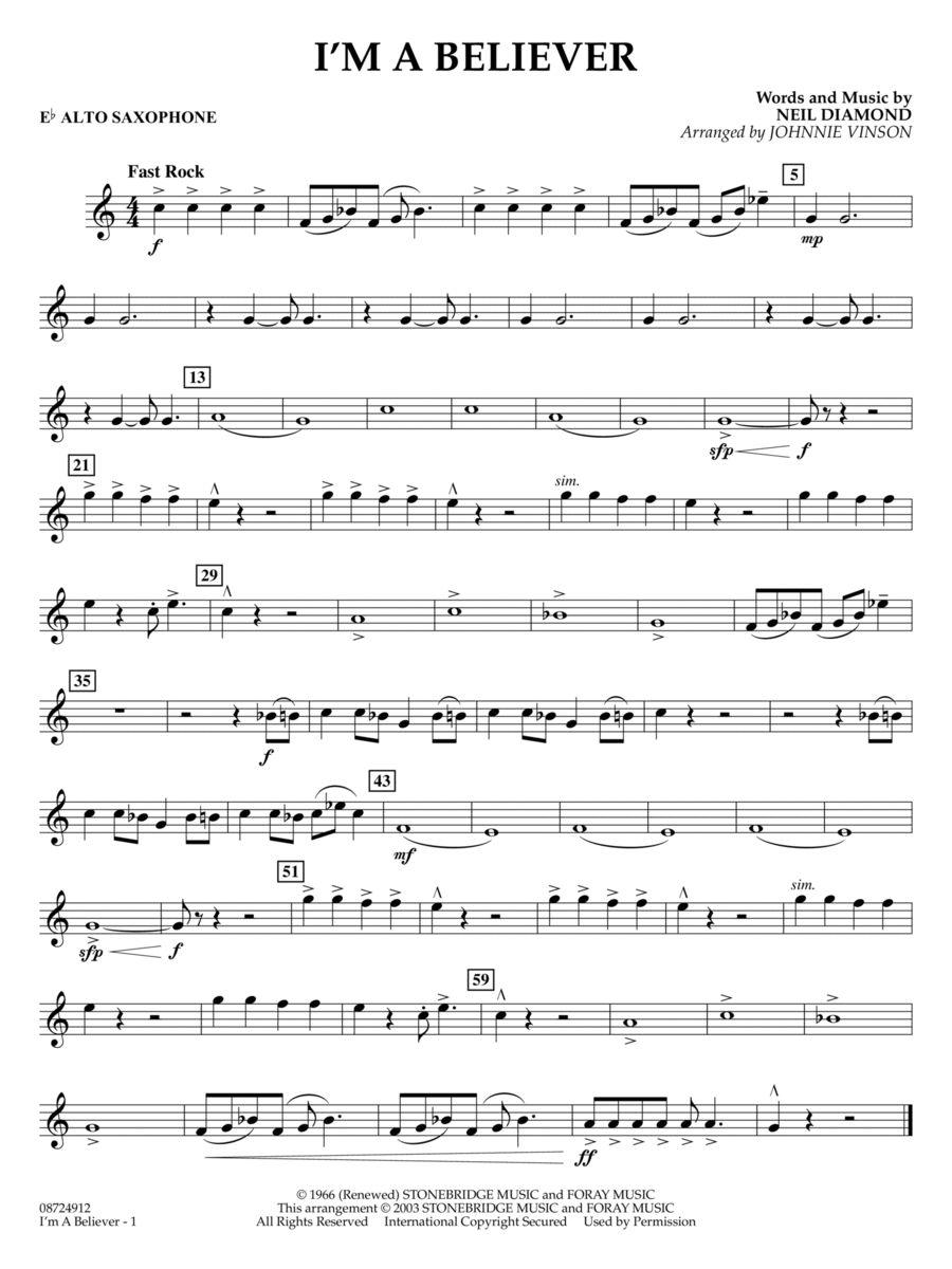 I m a Believer arr. Johnnie Vinson Eb Alto Saxophone by The