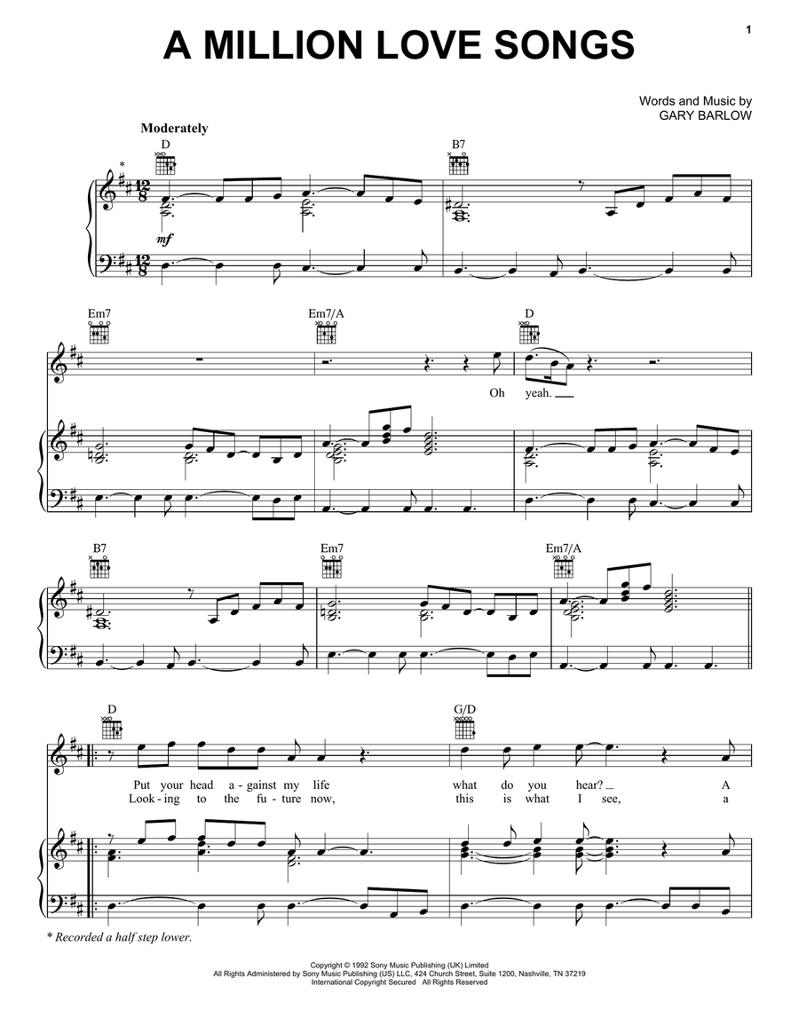 A Million Love Songs A Million Love Songs Piano, Vocal, Guitar scores gallery preview page 1
