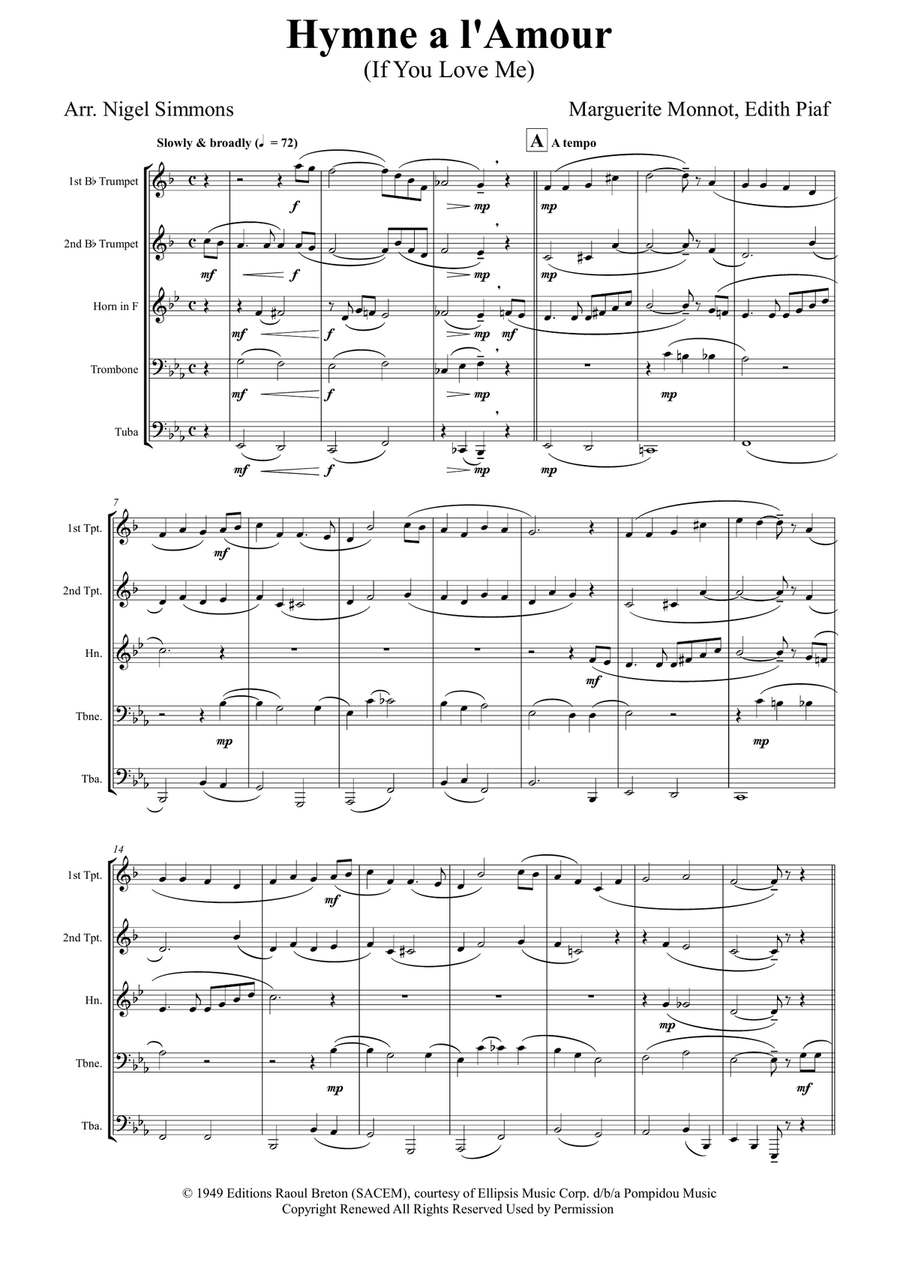 Hymne A L'amour Hymne A L'amour Brass Quintet scores gallery preview page 1
