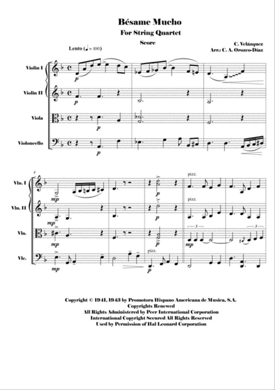 Besame Mucho (Kiss Me Much) String Quartet scores gallery preview page 1