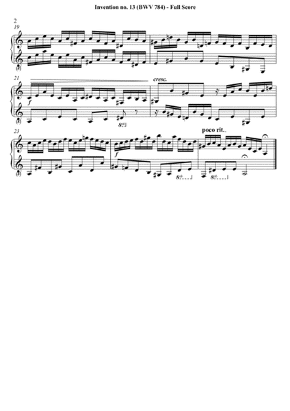 Bach (J.S.) - Invention no. 13 (BWV 784) - arr. for G-clef piano solo OR for flute/violin-guitar/pia image number null