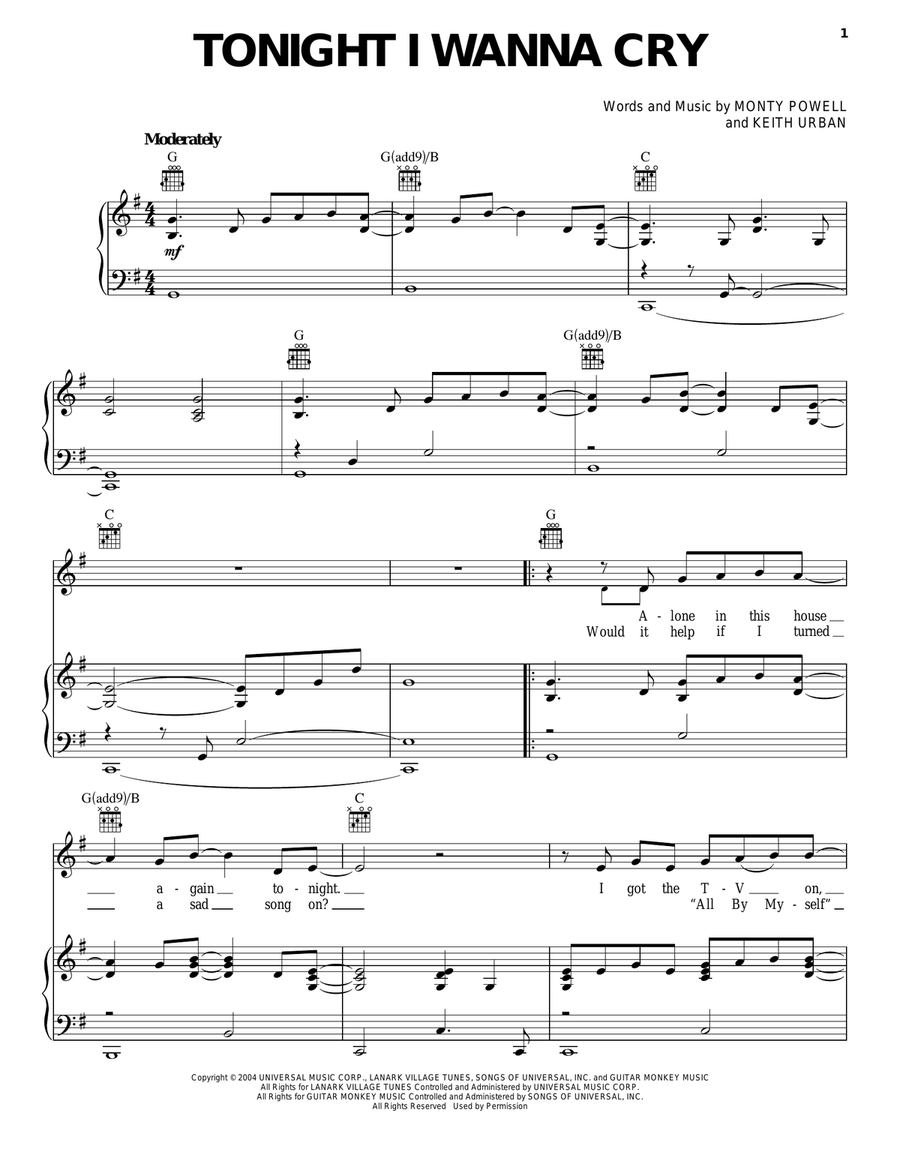 Tonight I Wanna Cry Piano, Vocal, Guitar scores gallery preview page 1