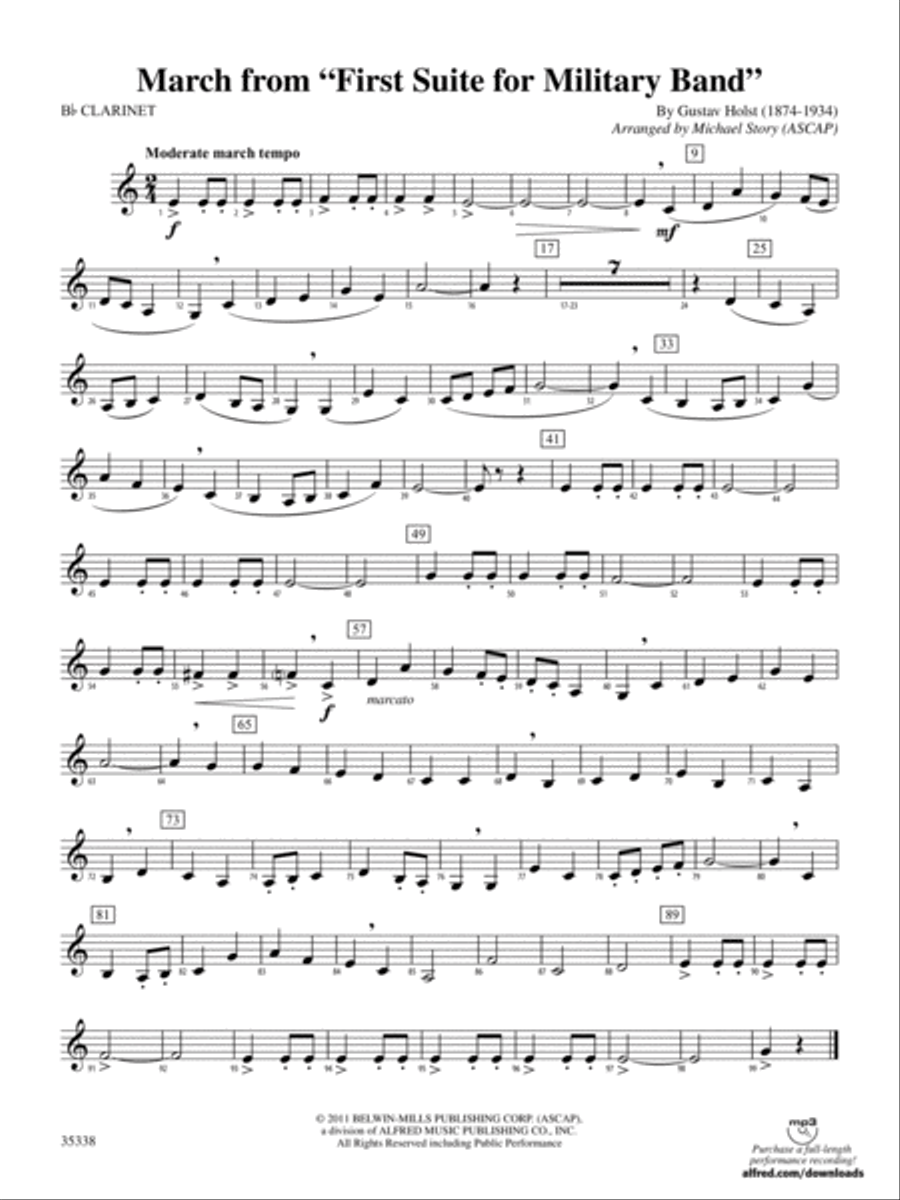 March from First Suite for Military Band: 1st B-flat Clarinet Concert Band scores gallery preview page 1