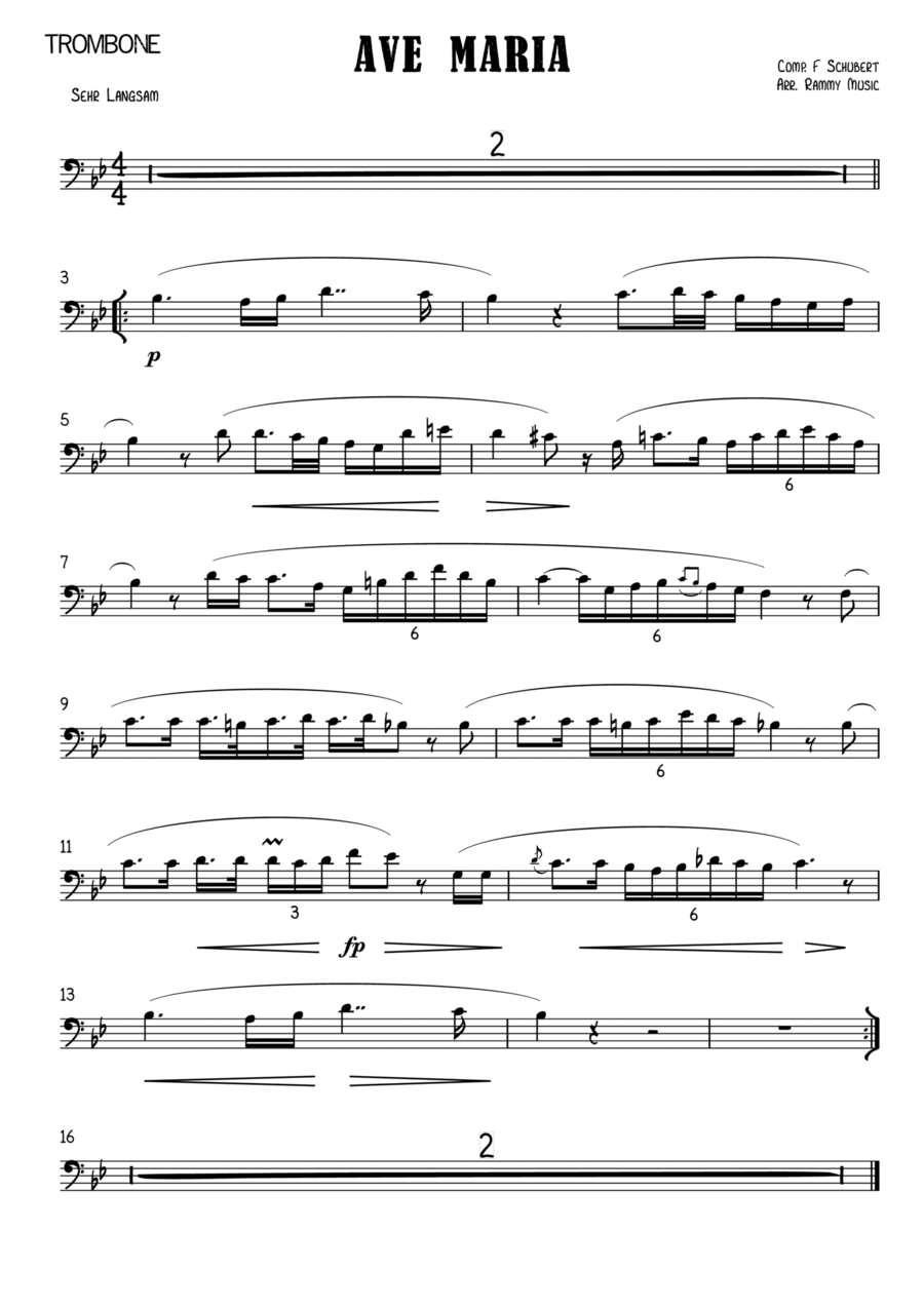 Ave Maria Schubert arr. for Trombone (Bass Clef Concert Pitch) & Piano Piano Accompaniment scores gallery preview page 1