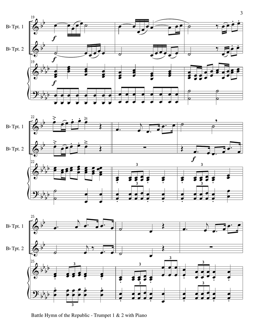 BATTLE HYMN OF THE REPUBLIC (Trio– Bb Trumpet1, Bb Trumpet 2 with Piano/Score and Parts) Trumpet Duet scores gallery preview page 3