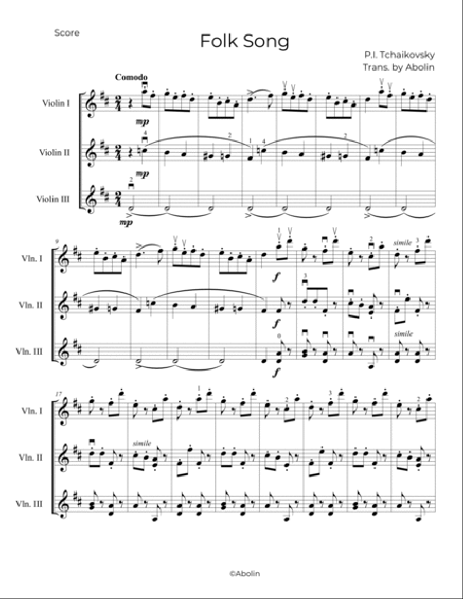 Tchaikovsky: Folk Song, Op.39, No.14 - for Violin Trio