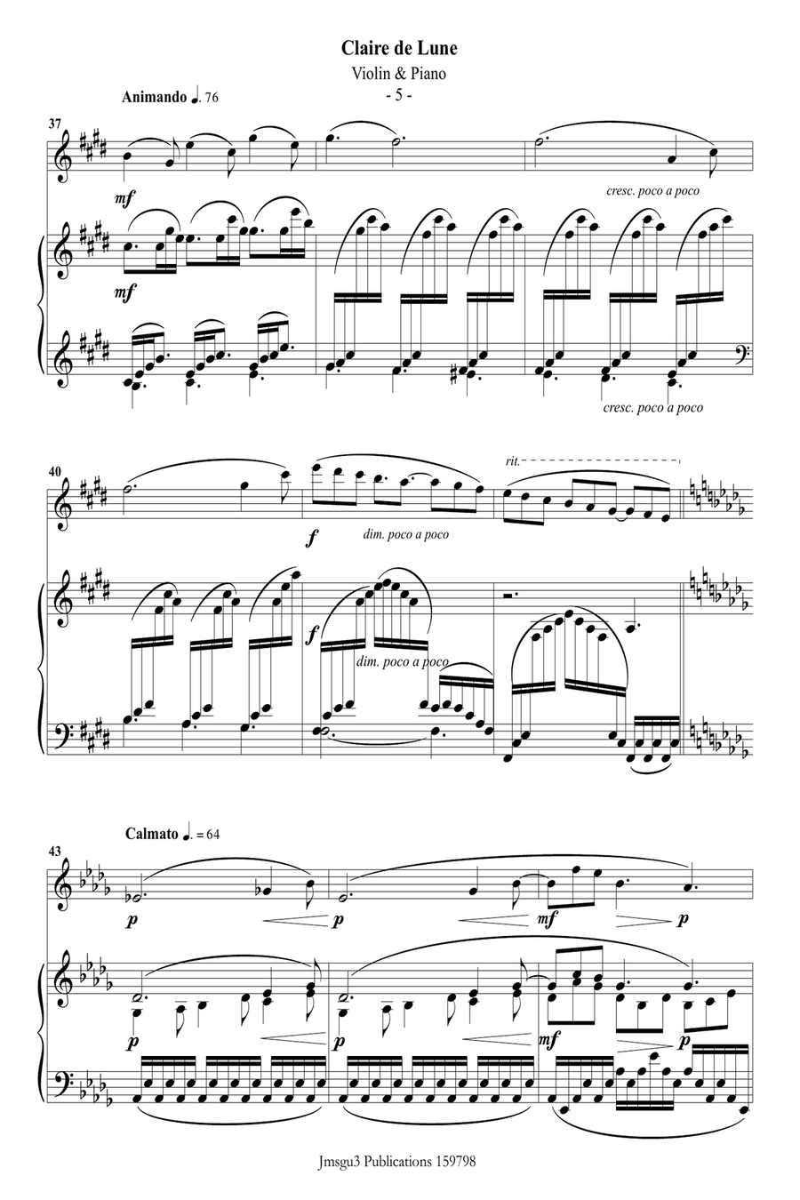 Debussy: Claire de Lune for Violin & Piano Violin Solo scores gallery preview page 5