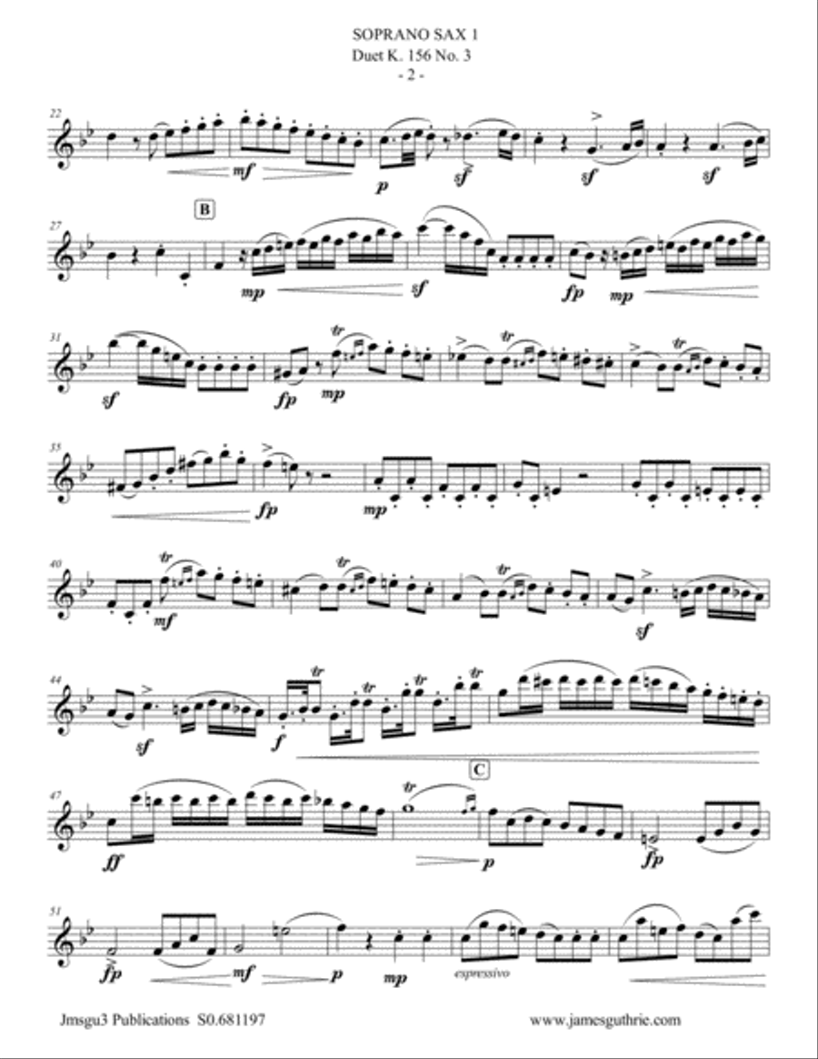 Mozart: 3 Duets K. 156 Complete for Soprano Sax Duo Woodwind Duet scores gallery preview page 2