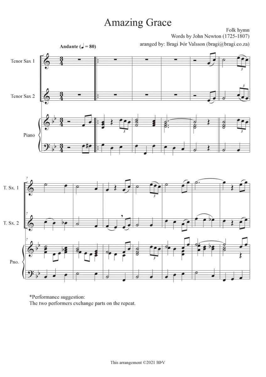 Amazing Grace - Duet for two Eb Tenor Horns with piano accompaniment image number null