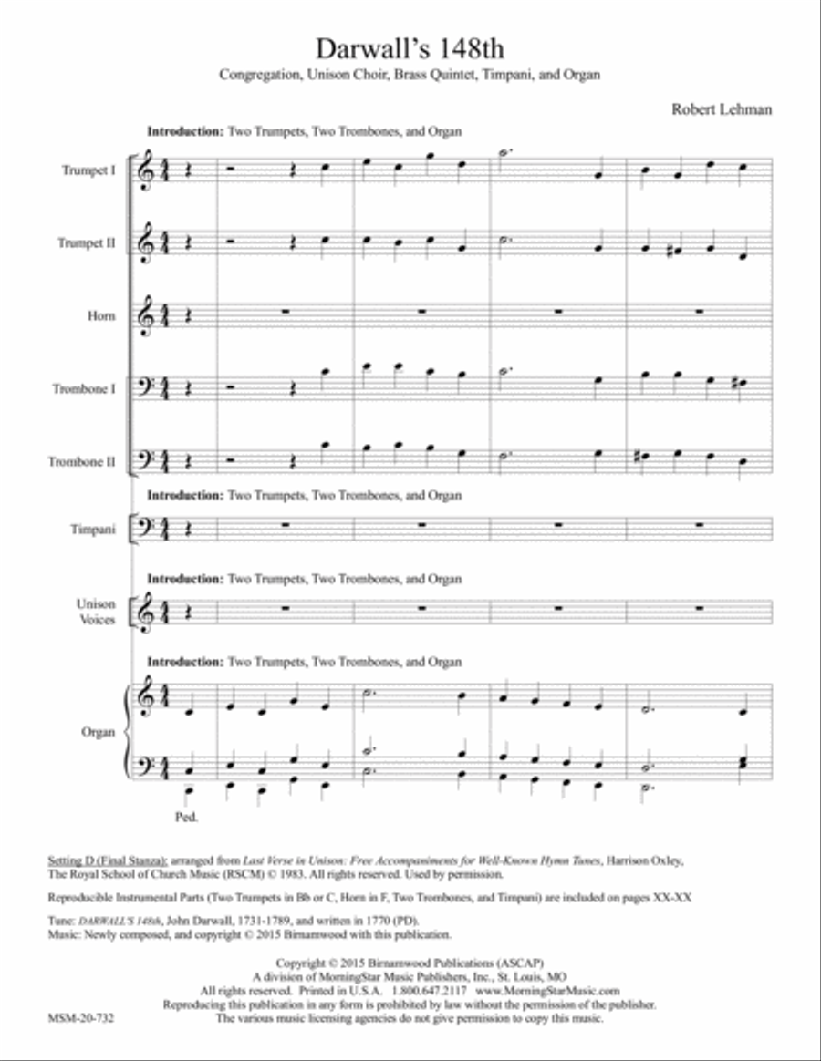 Darwall's 148th A Congregational Hymn Setting for Brass Unison Choir scores gallery preview page 1
