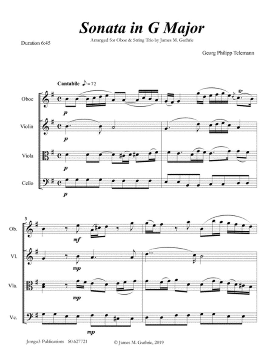 Telemann: Sonata in G Major for Oboe & String Trio image number null