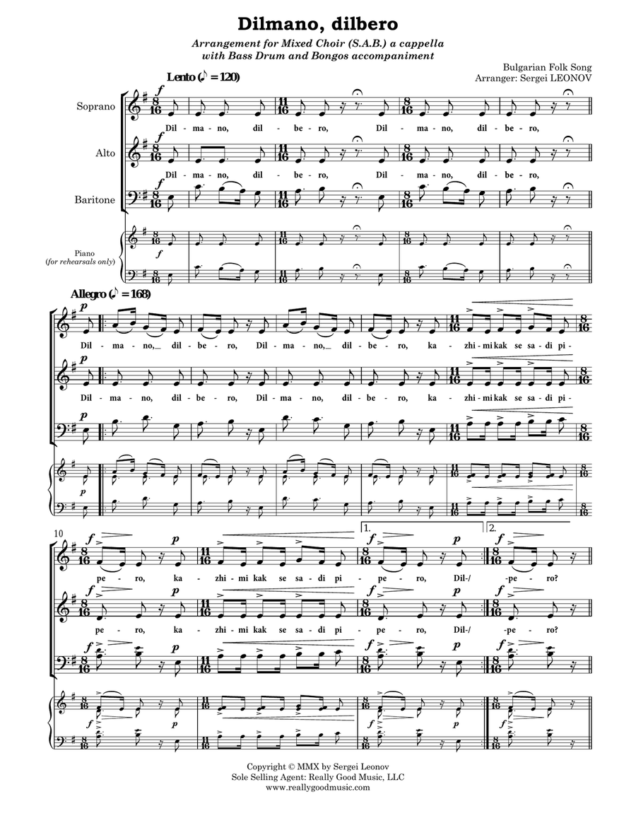 Dilmano Dilbero, Bulgarian Folk Song (SAB choir a cappella, Bass Drum and Bongos accompaniment) 3-Part scores gallery preview page 2