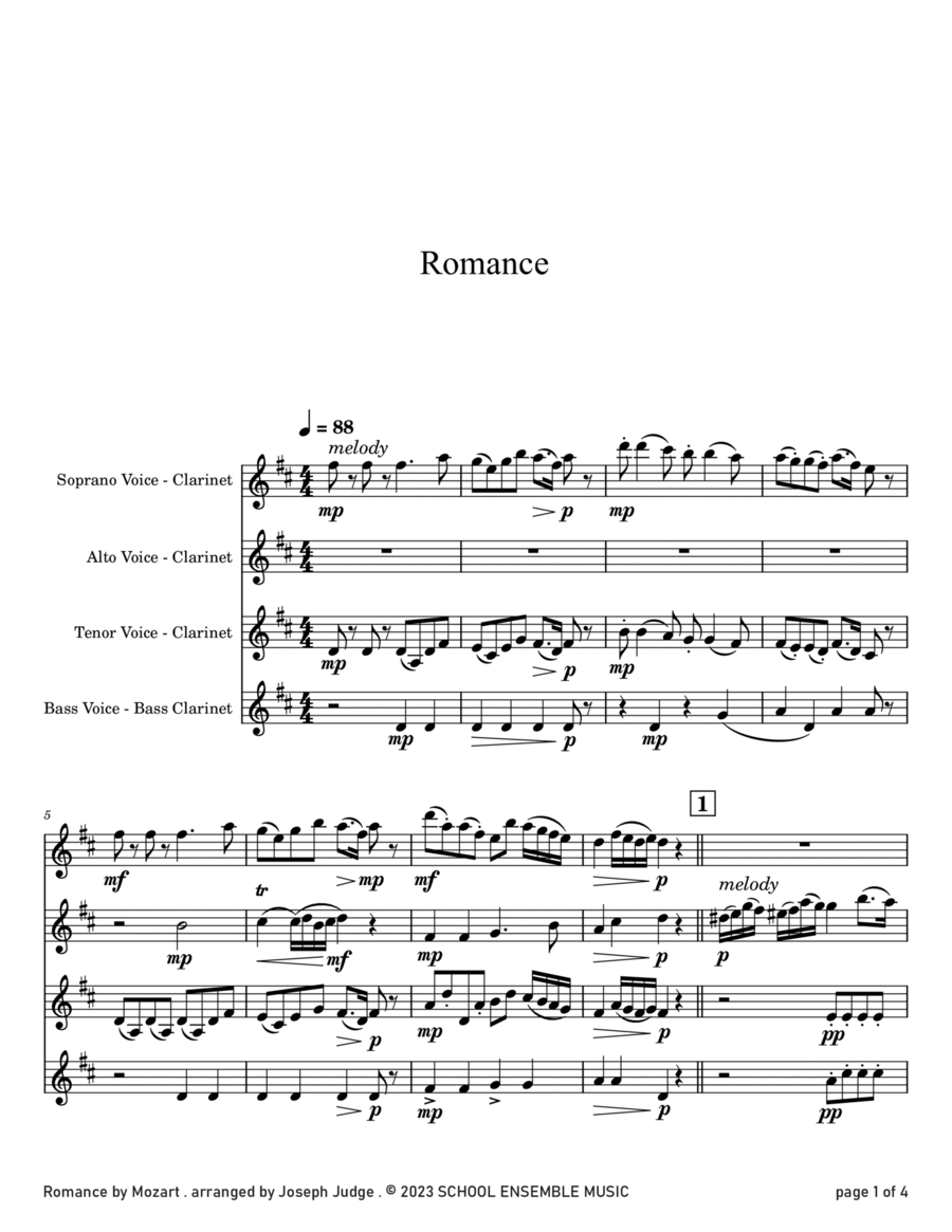 Romance by Mozart for Clarinet Quartet in Schools Clarinet Quartet scores gallery preview page 1