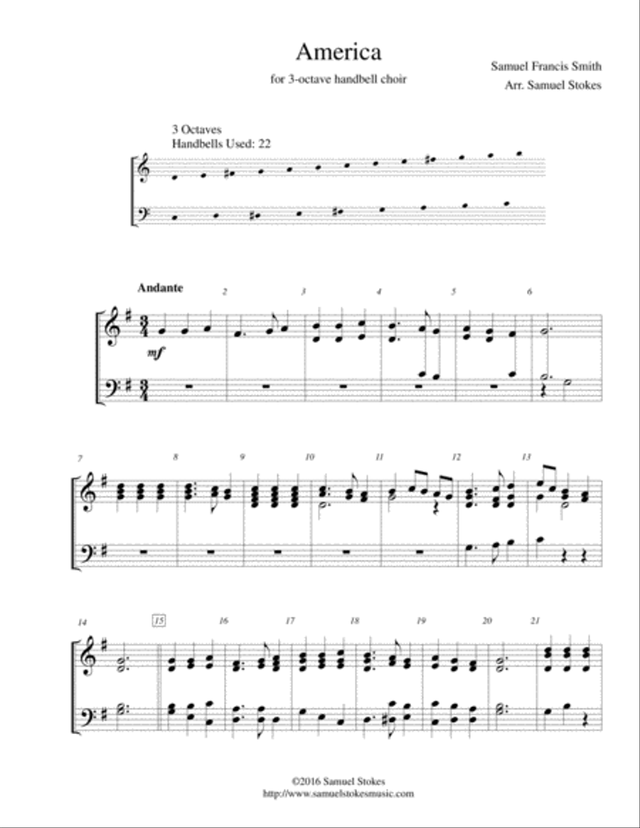 America (My Country, 'Tis of Thee) - for 3-octave handbell choir 3-Octaves scores gallery preview page 1