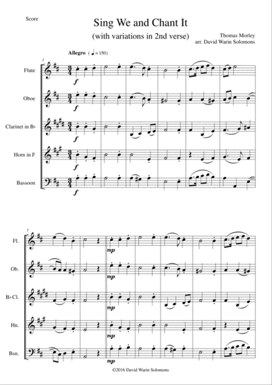 Sing we and chant it (with variations) for wind quintet Woodwind Quintet scores gallery preview page 1