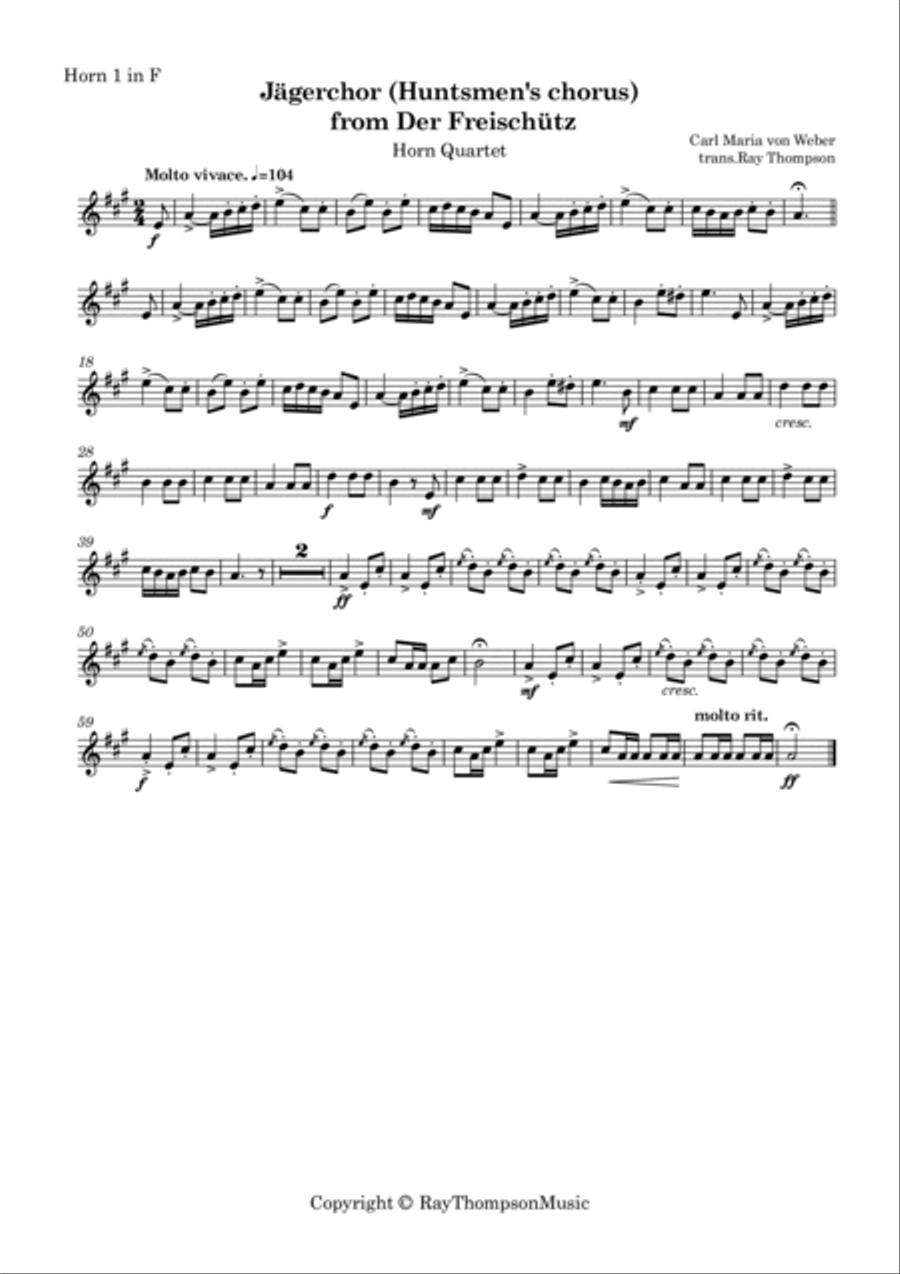 Weber: Jägerchor (Huntsmen's chorus) from Der Freischütz - horn quartet (optional tuba) Choir scores gallery preview page 5