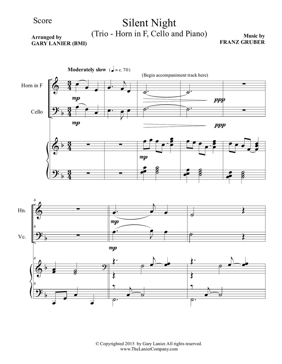 Gary Lanier: SILENT NIGHT (Trio – Horn in F, Cello & Piano with Score & Parts) Small Ensemble scores gallery preview page 2
