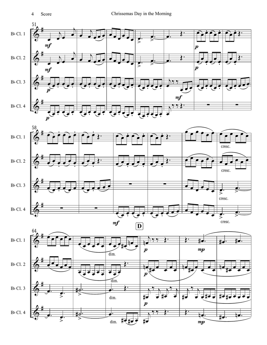 Chrissemas Day in the Morning or Northumbrian Pipe-Tune - Clarinet Quartet Clarinet Quartet scores gallery preview page 5