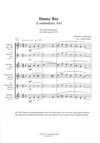 Danny Boy (Londonderry Air) für Saxophonquartett (SATBar oder AATT)