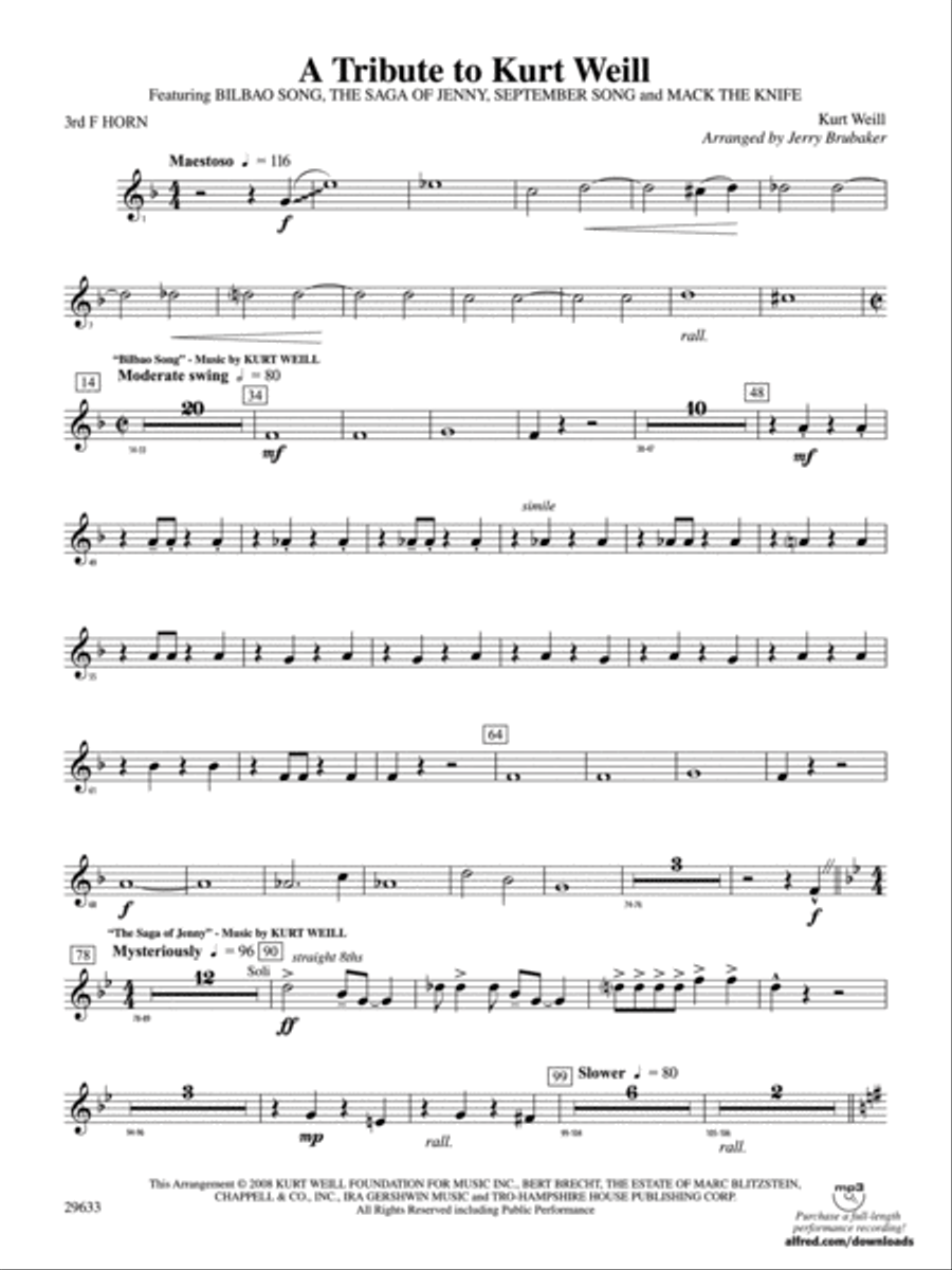 A Tribute to Kurt Weill: 3rd F Horn Concert Band scores gallery preview page 1