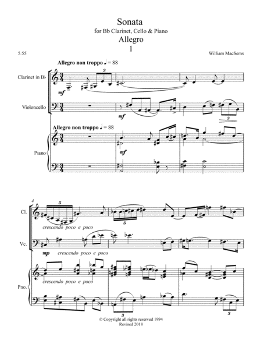 Sonta for Bb Clarinet, Cello and Piano Small Ensemble scores gallery preview page 1