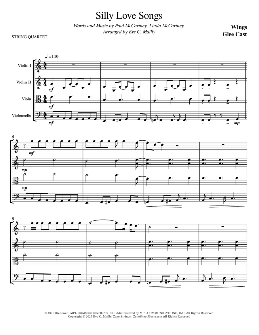 Silly Love Songs String Quartet scores gallery preview page 1