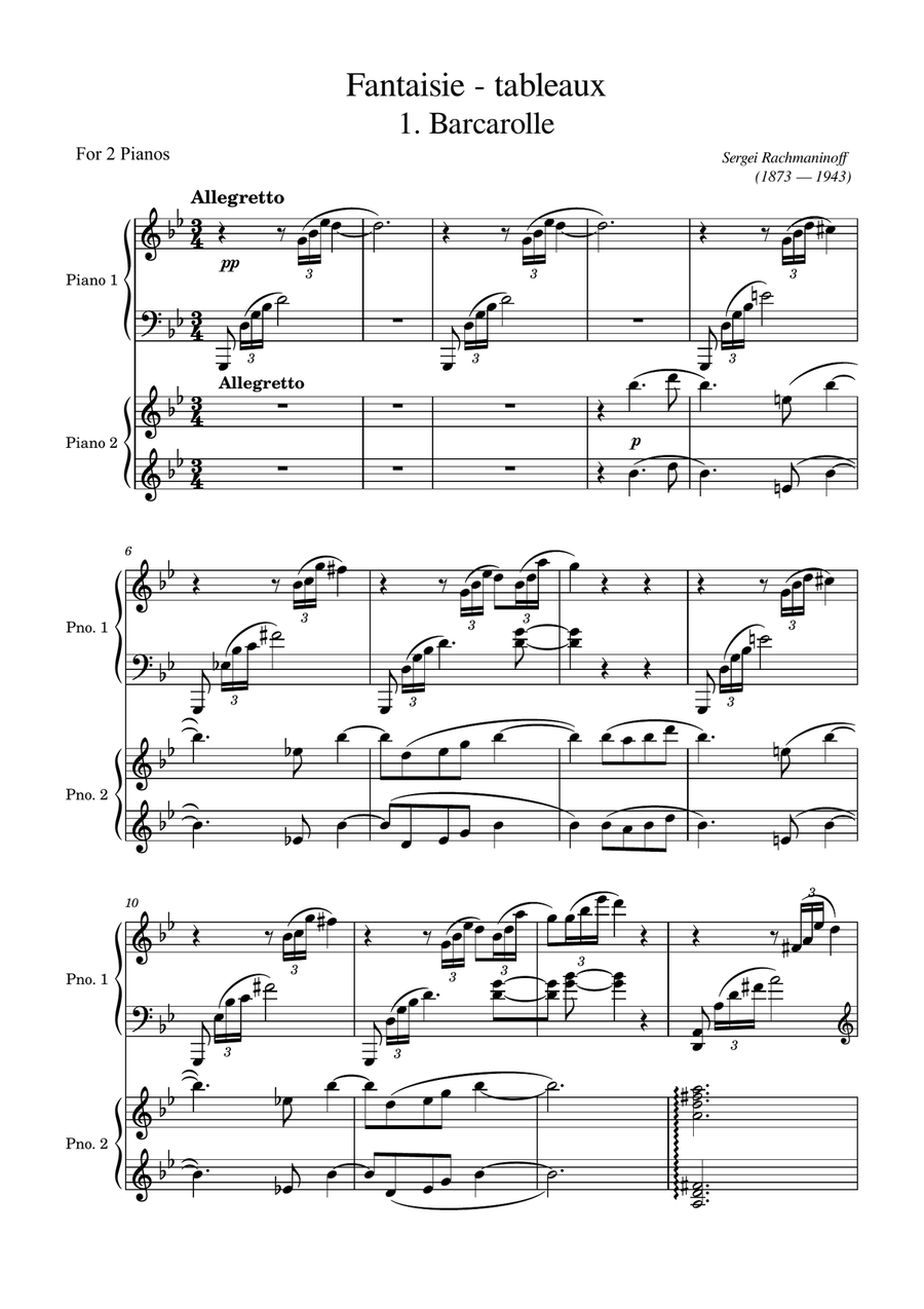 Book cover for Rachmaninoff - Suite No.1 Op.5 in G Minor 1. Barcarolle ("Fantaisie-tableaux") Original For 2Pianos