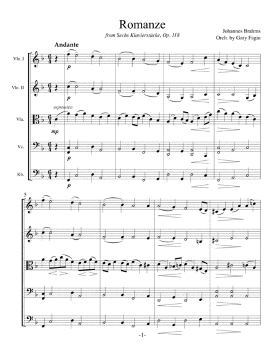 Brahms - Romanze from Sechs Klavierstücke, Op. 118, arranged for string ensemble String Orchestra scores gallery preview page 1