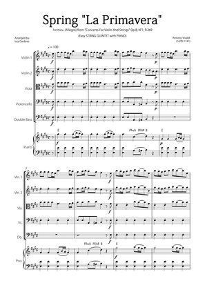 "Spring" (La Primavera) by Vivaldi - Easy version for STRING QUINTET & PIANO (ORIGINAL KEY)