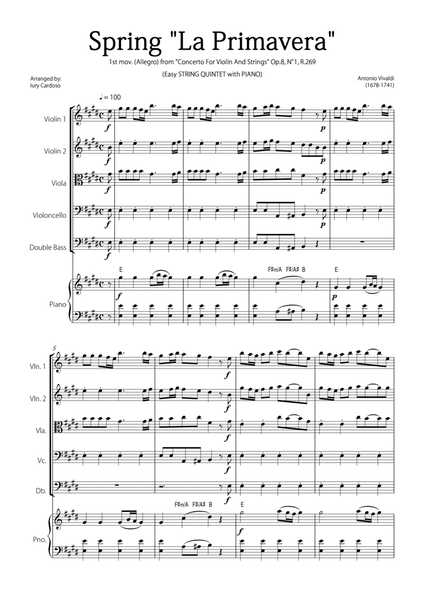 "Spring" (La Primavera) by Vivaldi - Easy version for STRING QUINTET & PIANO (ORIGINAL KEY) image number null