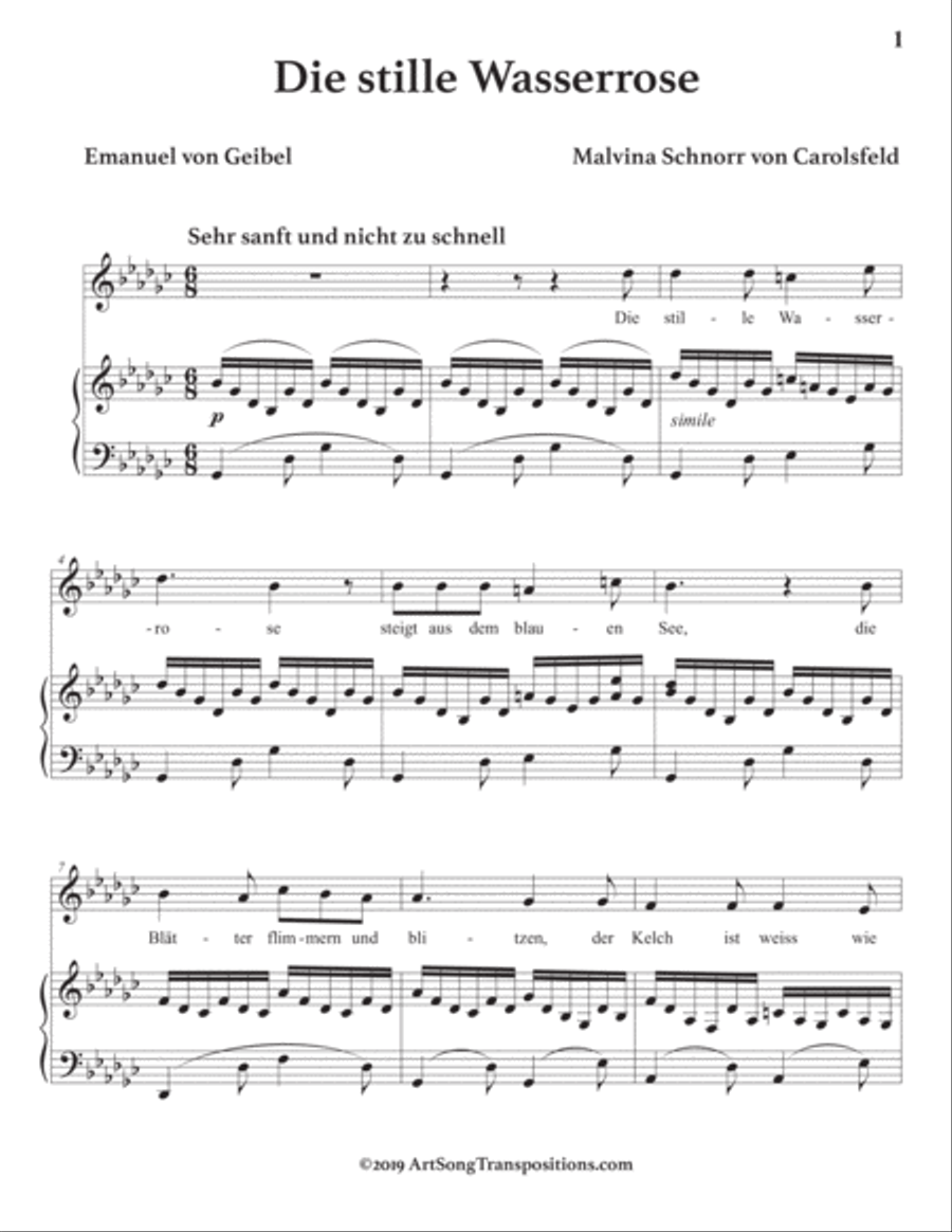 VON CAROLSFELD: Die stille Wasserrose (transposed to G-flat major)