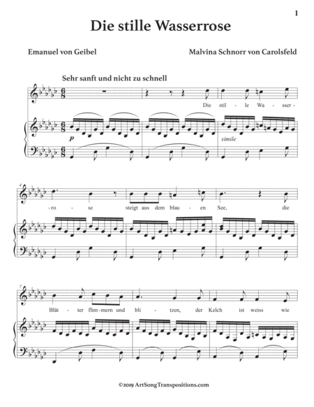 VON CAROLSFELD: Die stille Wasserrose (transposed to G-flat major)