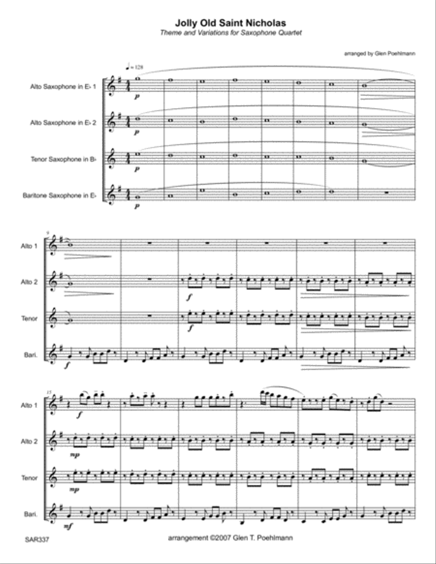 JOLLY OLD SAINT NICHOLAS for unaccompanied SAXOPHONE QUARTET (SATB or AATB) Saxophone Quartet scores gallery preview page 1
