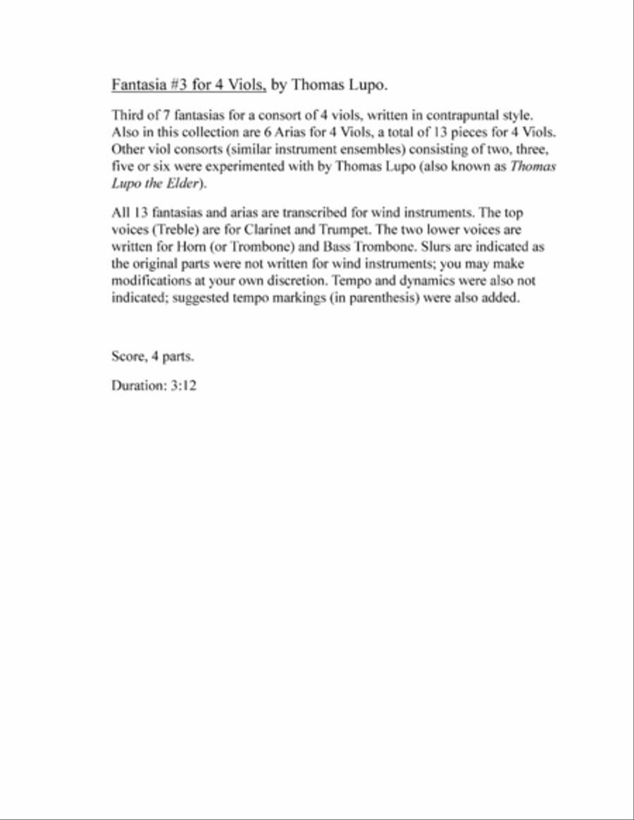Fantasia #3 For 4 Viols - for Wind Quartet Clarinet scores gallery preview page 2