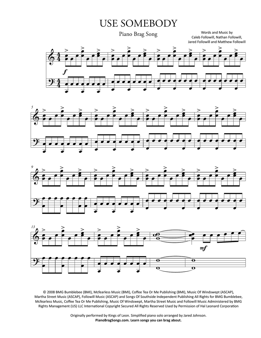 Use Somebody Piano Solo scores gallery preview page 1