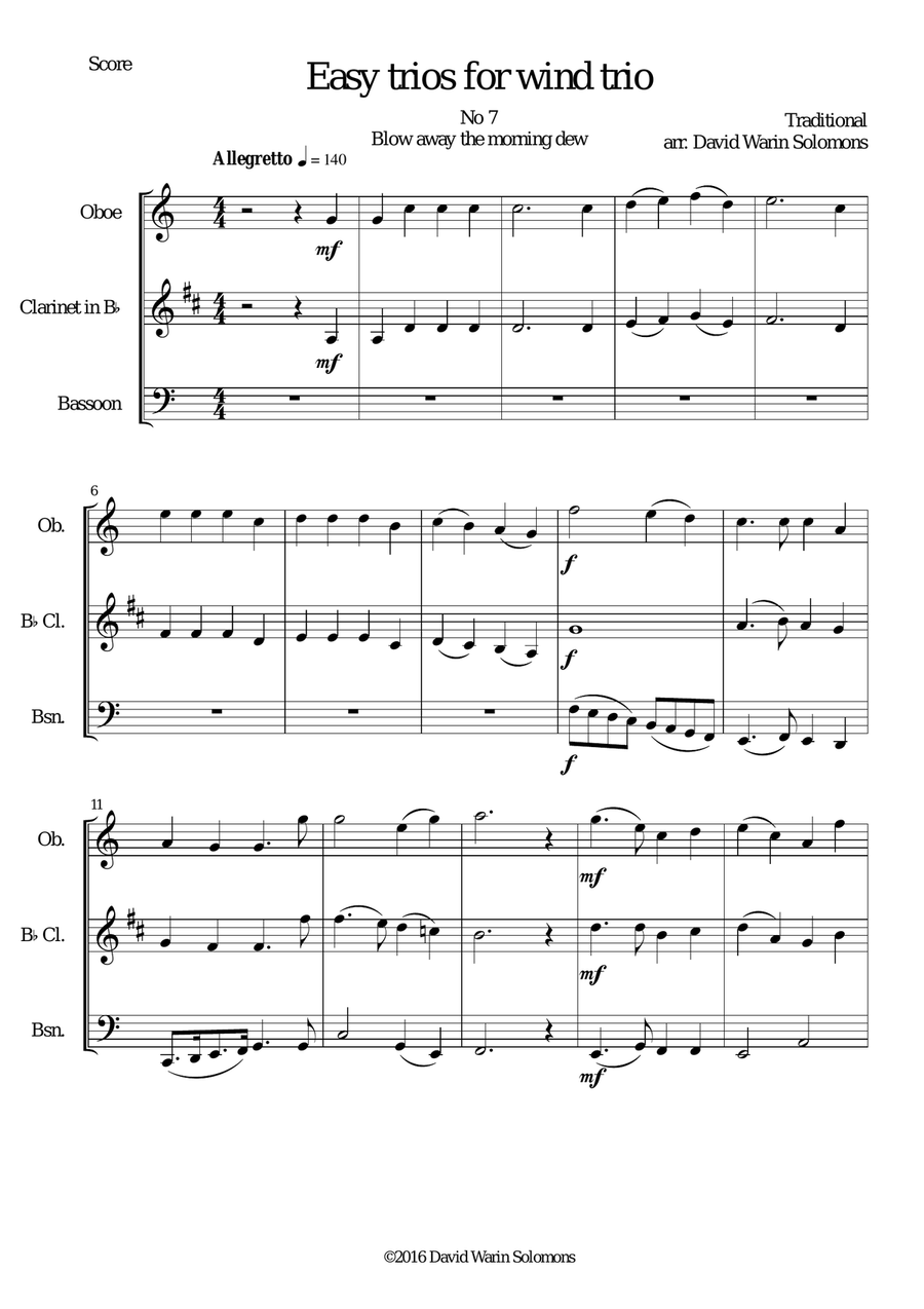 Blow away the morning dew for wind trio (oboe, clarinet, bassoon) Woodwind Trio scores gallery preview page 1