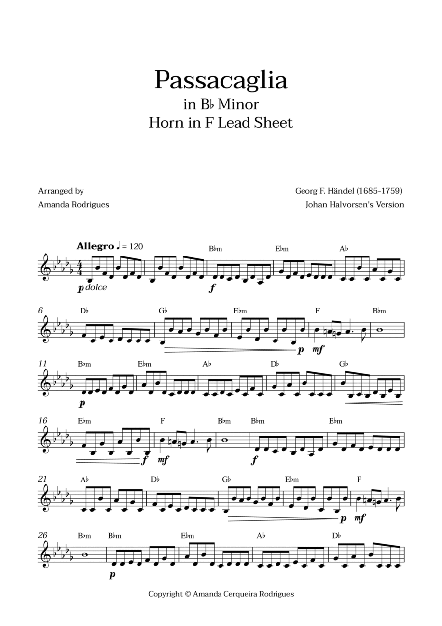 Passacaglia - Easy Horn in F Lead Sheet in Bbm Minor (Johan Halvorsen's Version) Easy Piano scores gallery preview page 1