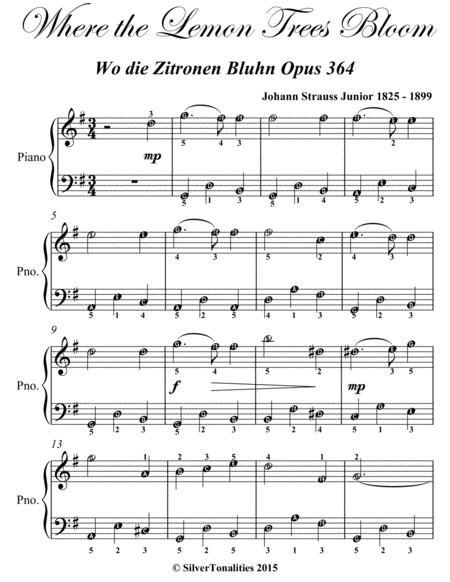 Where the Lemon Trees Bloom Wo die Zitronen Bluhn Opus 364 Easy Piano Sheet Music
