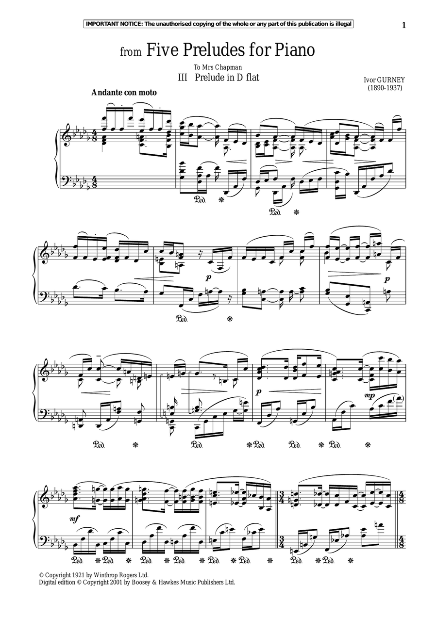 Five Preludes For Piano, III. Prelude In D-Flat Piano Solo scores gallery preview page 1
