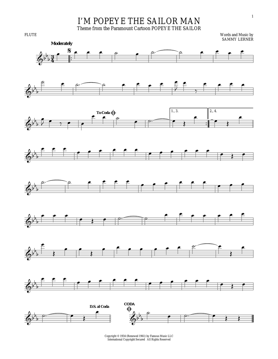 I'm Popeye The Sailor Man Flute Solo scores gallery preview page 1