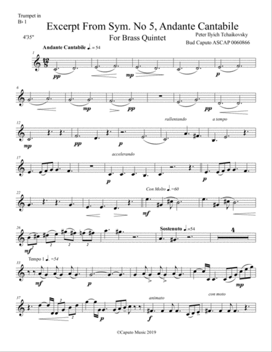 Excerpt from Andante Cantabile, Tchaikovsky Symphony. #5, for Brass Quintet Brass Quintet scores gallery preview page 6