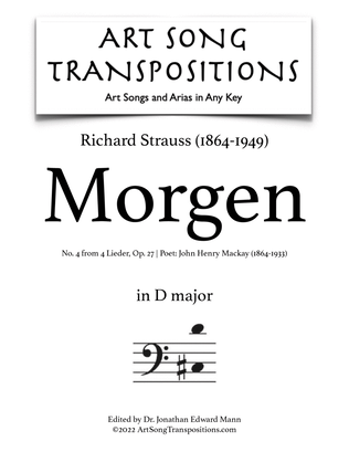 STRAUSS: Morgen, Op. 27 no. 4 (transposed to D major, bass clef)