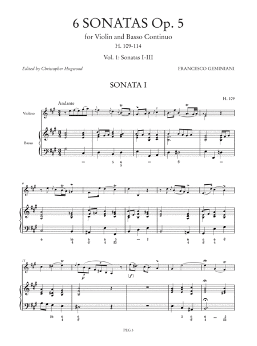 6 Sonatas Op. 5 (H. 109-114) for Violin and Basso Continuo - Vol. 1: Sonatas I-III Violin scores gallery preview page 2