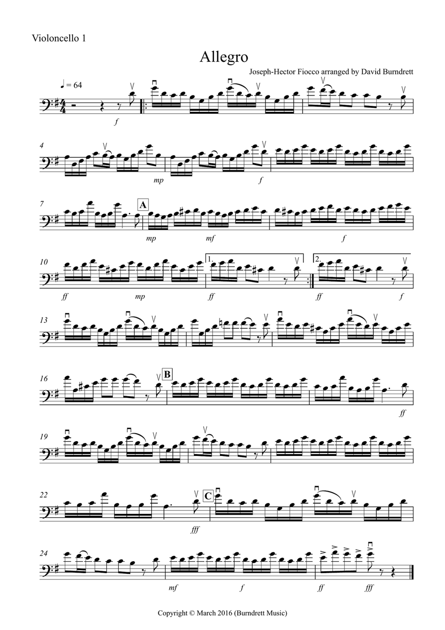 Allegro by Fiocco for Cello Quartet Cello Solo scores gallery preview page 3