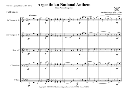 Argentinian National Anthem for Brass Quintet (MFAO World National Anthem Series) image number null