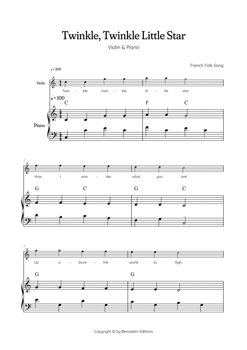 Twinkle, Twinkle Little Star • Easy violin music sheet with easy piano accompaniment [with chords] image number null