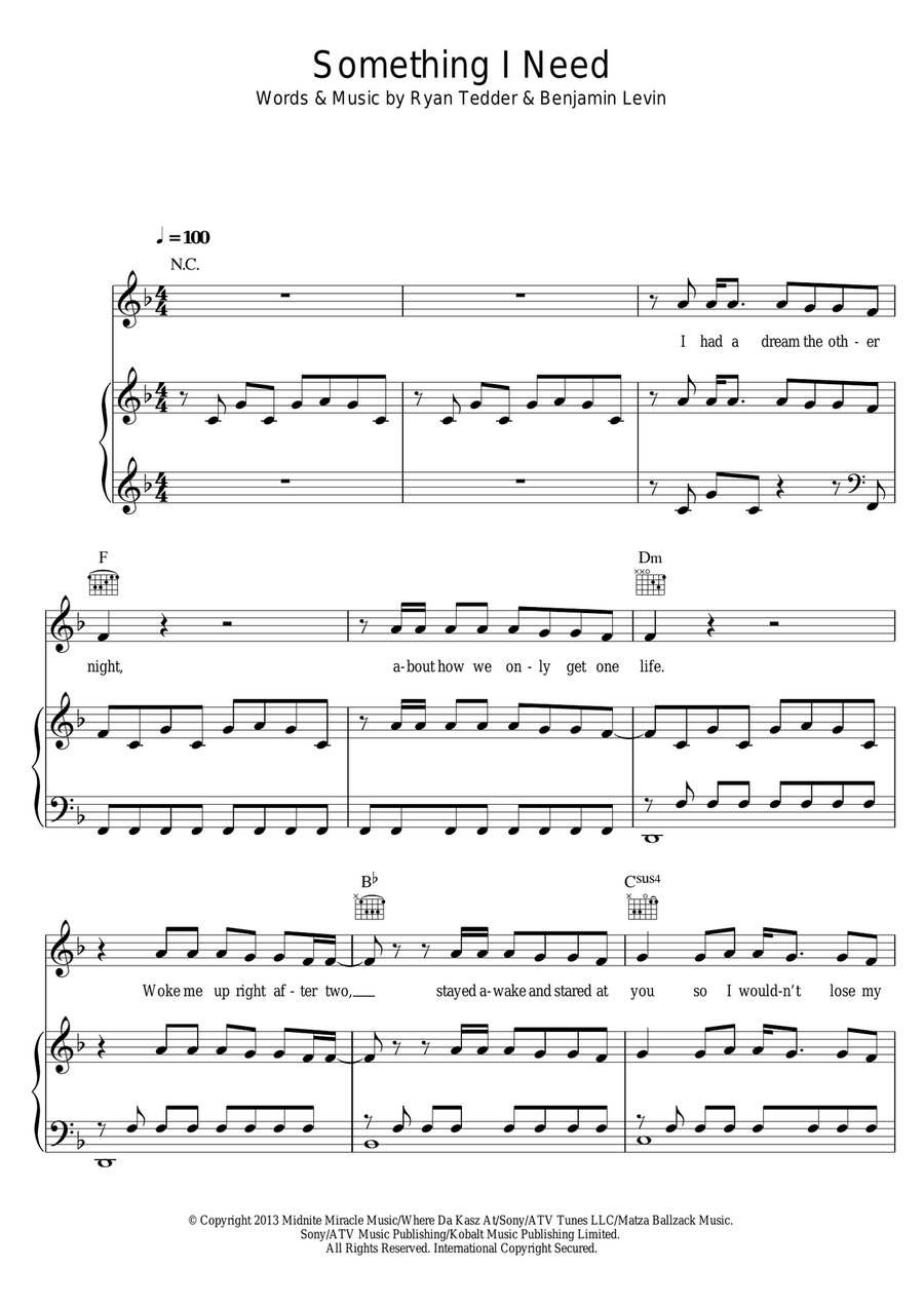 Something I Need Piano, Vocal, Guitar scores gallery preview page 1